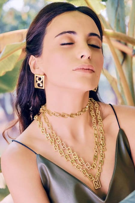 Shop PRERTO Gold Plated Chance Cutout Necklace at Aza Fashions Shop_PRERTO_Gold Plated Chance Cutout Necklace _at_Aza_Fashions