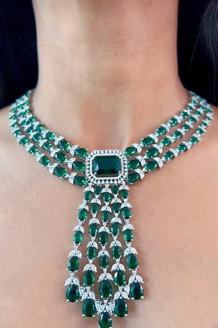 Prerto Green Diza Emerald Stone Studded Fringe Choker 