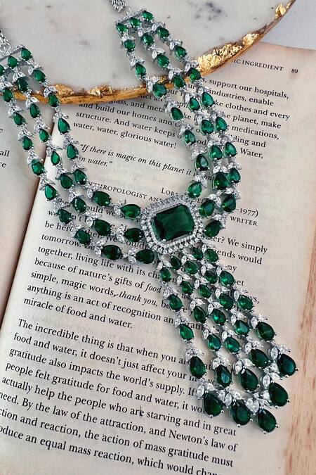 Shop PRERTO Green Diza Emerald Stone Studded Fringe Choker at Aza Fashions Shop_PRERTO_Green Diza Emerald Stone Studded Fringe Choker_at_Aza_Fashions