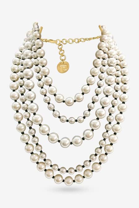 Shop PRERTO White Elara Bead Layered Necklace at Aza Fashions Shop_PRERTO_White Elara Bead Layered Necklace _at_Aza_Fashions