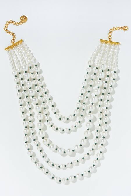 Shop PRERTO White Elara Bead Layered Necklace Online at Aza Fashions Shop_PRERTO_White Elara Bead Layered Necklace _Online_at_Aza_Fashions