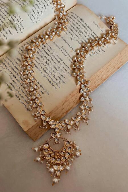 Shop PRERTO Gold Plated Eman Half Crescent Shaped Long Pendant Necklace at Aza Fashions Shop_PRERTO_Gold Plated Eman Half Crescent Shaped Long Pendant Necklace_at_Aza_Fashions