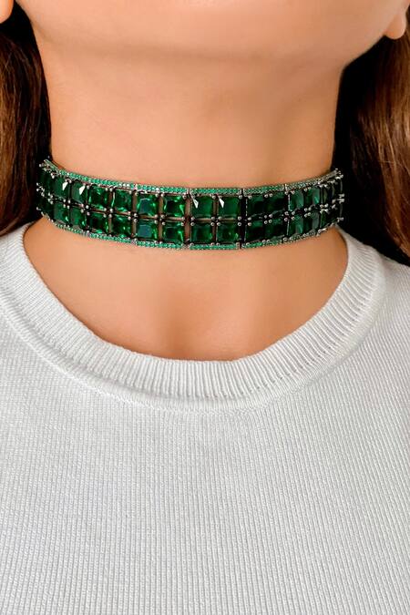 PRERTO Green Emerald Stone Embellished Choker