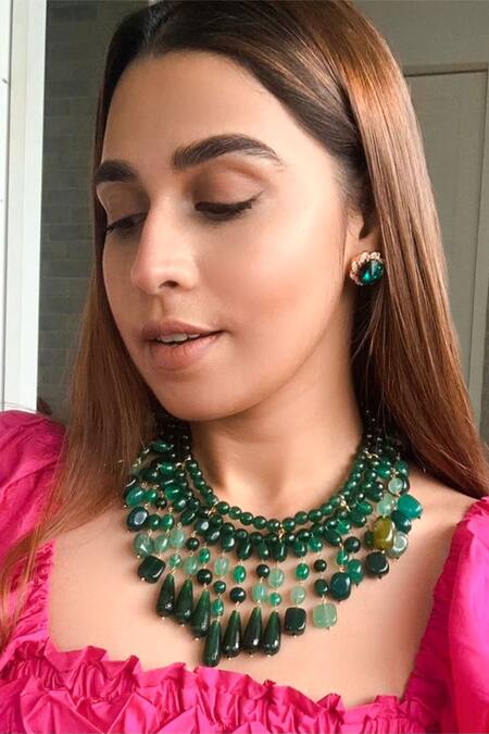 PRERTO_Green Fiona Bead Embellished Layered Necklace _Online_at_Aza_Fashions