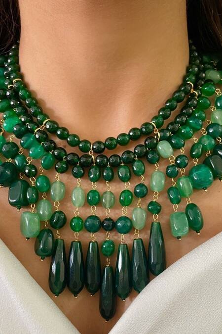 PRERTO_Green Fiona Bead Embellished Layered Necklace _at_Aza_Fashions
