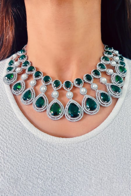 Bottle Green Stone Embellished Necklace With Earring | B303-SBN24-9 |  Cilory.com