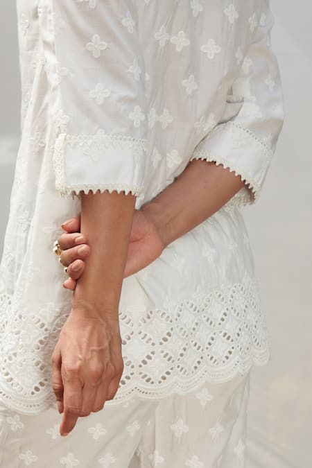 Buy_Mulmul_White Pure Mulmul Caspia Schiffli Border Shirt With Pant_Online_at_Aza_Fashions