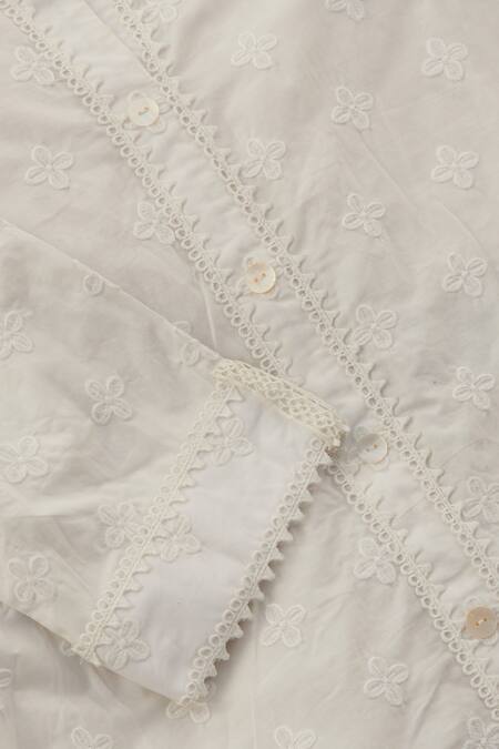 Mulmul_White Pure Mulmul Caspia Schiffli Border Shirt With Pant_at_Aza_Fashions