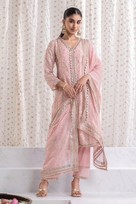 Mulmul Pink Pure Mulmul Sawariya Floral Thread Embroidered Kurta With Pant