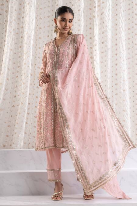 Mulmul Pink Pure Mulmul Embroidery Floral V Neck Sawariya Thread Kurta Set Online at Aza Fashions Mulmul_Pink Pure Mulmul Embroidery Floral V Neck Sawariya Thread Kurta Set _Online_at_Aza_Fashions