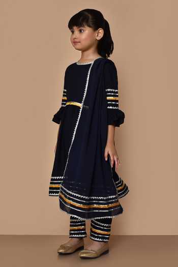 Shop_Petite Pomme_Blue Cotton, Georgette Gota Patti, Embroidery Kurta Pyjama Set _Online_at_Aza_Fashions