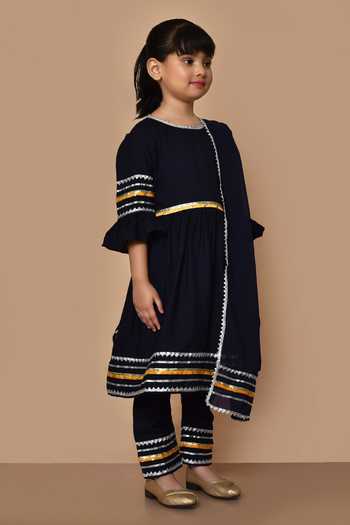 Petite Pomme_Blue Cotton, Georgette Gota Patti, Embroidery Kurta Pyjama Set _at_Aza_Fashions