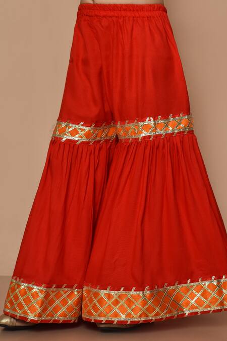 Shop_Petite Pomme_Red Cotton, Georgette Gota Patti, Embroidery Kurta Sharara Set _Online_at_Aza_Fashions