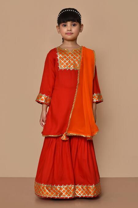 Petite Pomme_Red Cotton, Georgette Gota Patti, Embroidery Kurta Sharara Set _at_Aza_Fashions