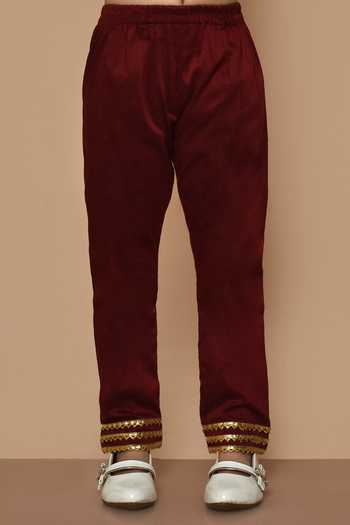 Petite Pomme_Maroon Cotton, Net Gota Patti, Embroidery Kurta Pyjama Set _Online_at_Aza_Fashions