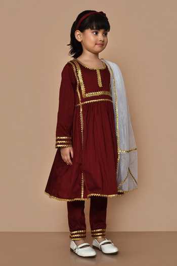 Buy_Petite Pomme_Maroon Cotton, Net Gota Patti, Embroidery Kurta Pyjama Set _Online_at_Aza_Fashions