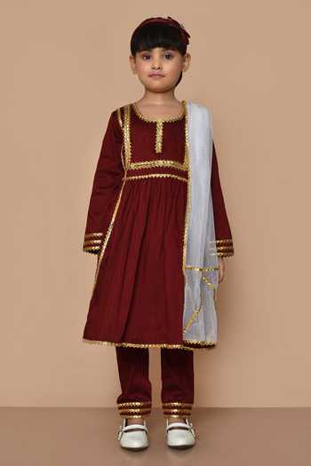 Shop_Petite Pomme_Maroon Cotton, Net Gota Patti, Embroidery Kurta Pyjama Set _Online_at_Aza_Fashions