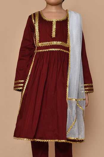 Petite Pomme_Maroon Cotton, Net Gota Patti, Embroidery Kurta Pyjama Set _at_Aza_Fashions