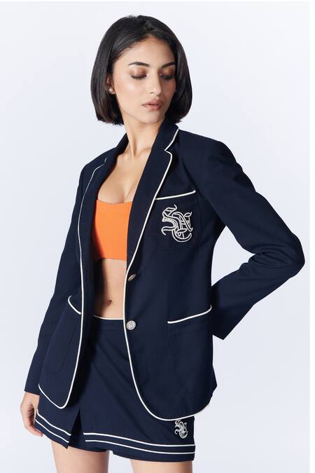 Buy_S&N By Shantnu Nikhil_Blue Polyester, Viscose, Lycra Embroidery Collared Notched Lapel Jacket_Online_at_Aza_Fashions