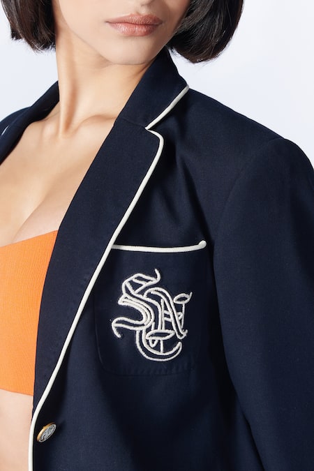S&N By Shantnu Nikhil_Blue Polyester, Viscose, Lycra Embroidery Collared Notched Lapel Jacket_at_Aza_Fashions