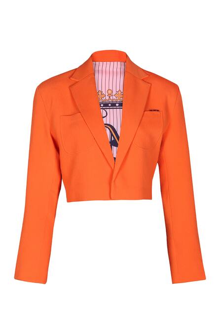 S&N By Shantnu Nikhil_Orange Crepe Collared Notched Lapel Crop Jacket_Online_at_Aza_Fashions