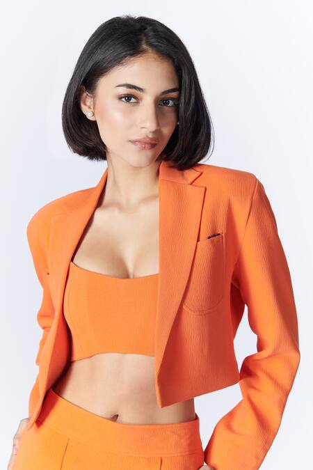 Buy S&N By Shantnu Nikhil Orange Crepe Collared Notched Lapel Crop Jacket Online at Aza Fashions Buy_S&N By Shantnu Nikhil_Orange Crepe Collared Notched Lapel Crop Jacket_Online_at_Aza_Fashions