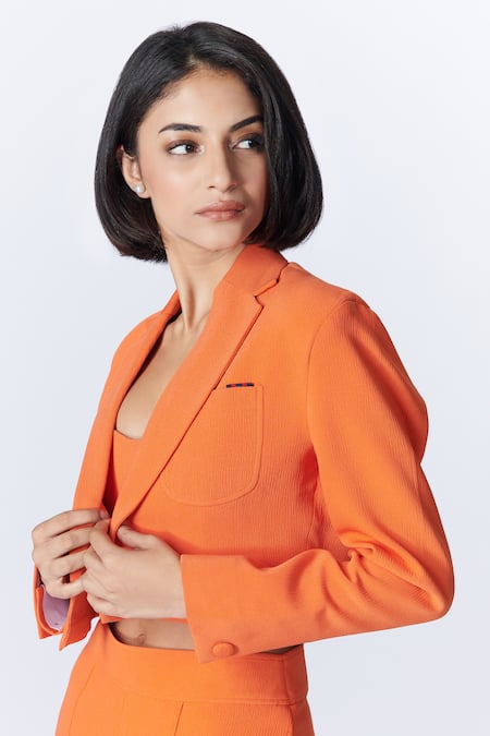 Shop S&N By Shantnu Nikhil Orange Crepe Collared Notched Lapel Crop Jacket Online at Aza Fashions Shop_S&N By Shantnu Nikhil_Orange Crepe Collared Notched Lapel Crop Jacket_Online_at_Aza_Fashions