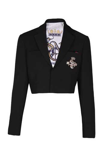 S&N By Shantnu Nikhil_Black Crepe Embroidery Collared Placement Patch Crop Jacket_Online_at_Aza_Fashions