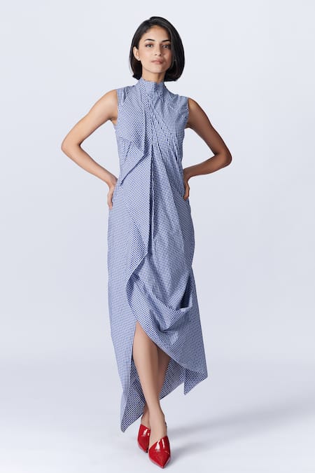 S&N by Shantnu Nikhil Blue Cotton Gingham Pattern High Neck Draped Dress 