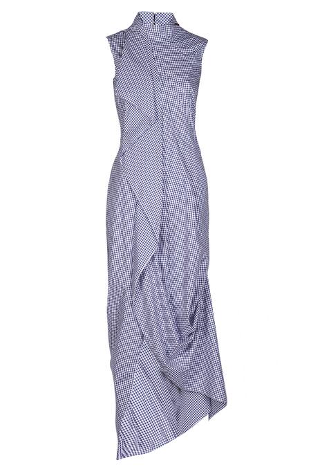 S&N By Shantnu Nikhil_Blue Cotton High Neck Gingham Pattern Draped Dress_Online_at_Aza_Fashions