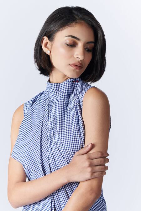 Shop_S&N By Shantnu Nikhil_Blue Cotton High Neck Gingham Pattern Draped Dress_Online_at_Aza_Fashions