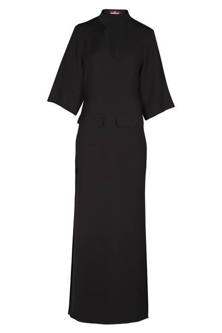 S&N By Shantnu Nikhil_Black Crepe Embroidery Mandarin Collar Maxi Dress_Online_at_Aza_Fashions