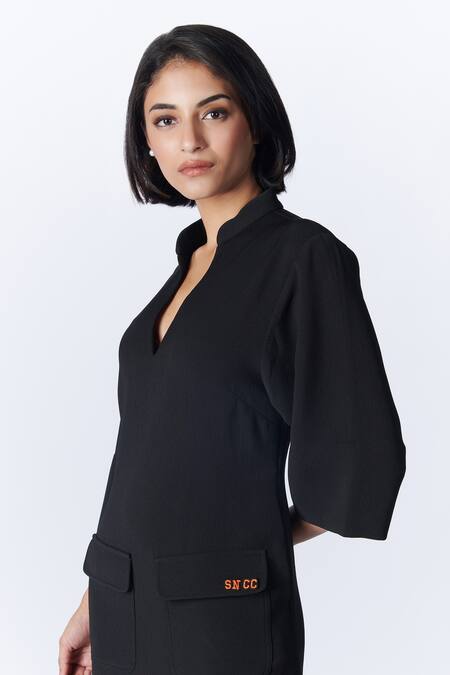 Buy_S&N By Shantnu Nikhil_Black Crepe Embroidery Mandarin Collar Maxi Dress_Online_at_Aza_Fashions