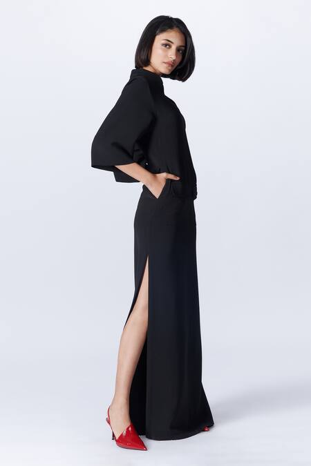 Shop_S&N By Shantnu Nikhil_Black Crepe Embroidery Mandarin Collar Maxi Dress_Online_at_Aza_Fashions