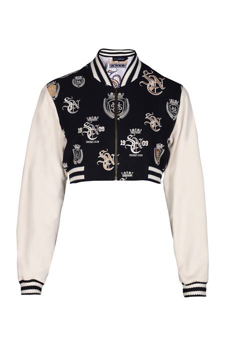 S&N By Shantnu Nikhil_Blue Lycra, Viscose, Polyester Embroidery Thread Embellished Varsity Jacket_Online_at_Aza_Fashions
