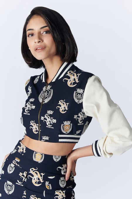Buy_S&N By Shantnu Nikhil_Blue Lycra, Viscose, Polyester Embroidery Thread Embellished Varsity Jacket_Online_at_Aza_Fashions