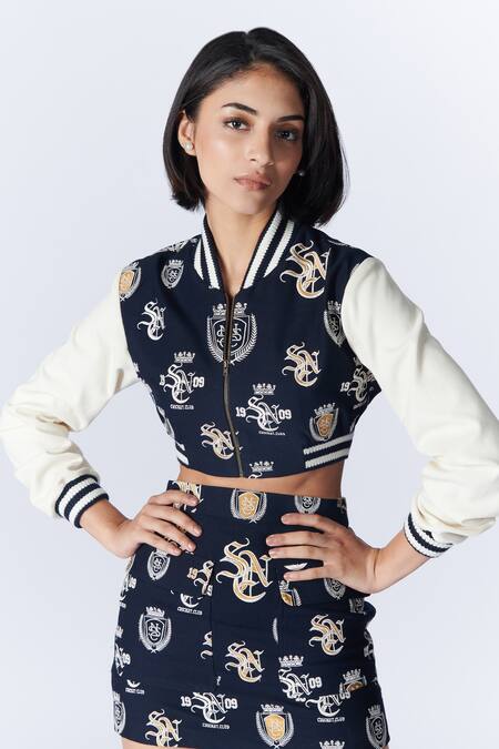 Shop_S&N By Shantnu Nikhil_Blue Lycra, Viscose, Polyester Embroidery Thread Embellished Varsity Jacket_Online_at_Aza_Fashions