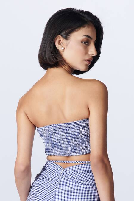 Shop S&N By Shantnu Nikhil Blue Cotton Sweetheart Neck Gingham Pattern Pleated Bustier at Aza Fashions Shop_S&N By Shantnu Nikhil_Blue Cotton Sweetheart Neck Gingham Pattern Pleated Bustier_at_Aza_Fashions