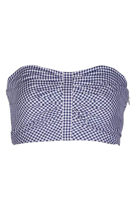 S&N By Shantnu Nikhil_Blue Cotton Sweetheart Neck Gingham Pattern Pleated Bustier_Online_at_Aza_Fashions