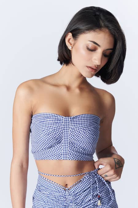 Buy S&N By Shantnu Nikhil Blue Cotton Sweetheart Neck Gingham Pattern Pleated Bustier Online at Aza Fashions Buy_S&N By Shantnu Nikhil_Blue Cotton Sweetheart Neck Gingham Pattern Pleated Bustier_Online_at_Aza_Fashions