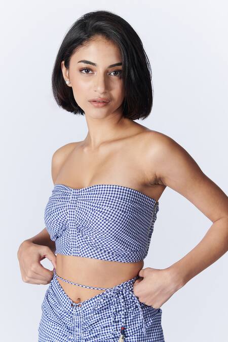 Shop S&N By Shantnu Nikhil Blue Cotton Sweetheart Neck Gingham Pattern Pleated Bustier Online at Aza Fashions Shop_S&N By Shantnu Nikhil_Blue Cotton Sweetheart Neck Gingham Pattern Pleated Bustier_Online_at_Aza_Fashions
