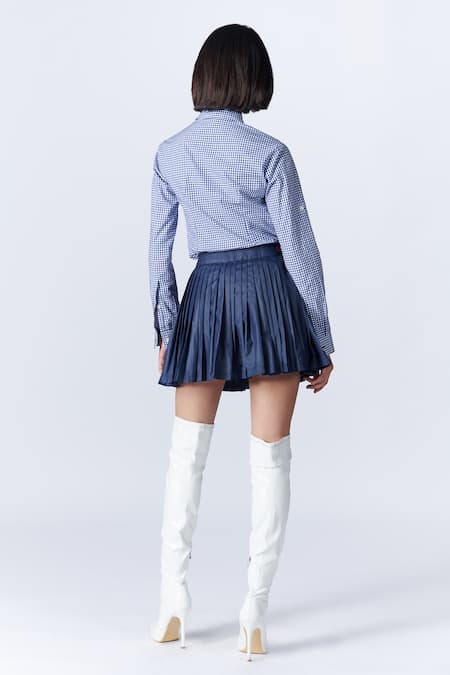 Shop S&N By Shantnu Nikhil Blue Cotton Ruffles Collared Gingham Pattern Draped Shirt at Aza Fashions Shop_S&N By Shantnu Nikhil_Blue Cotton Ruffles Collared Gingham Pattern Draped Shirt_at_Aza_Fashions