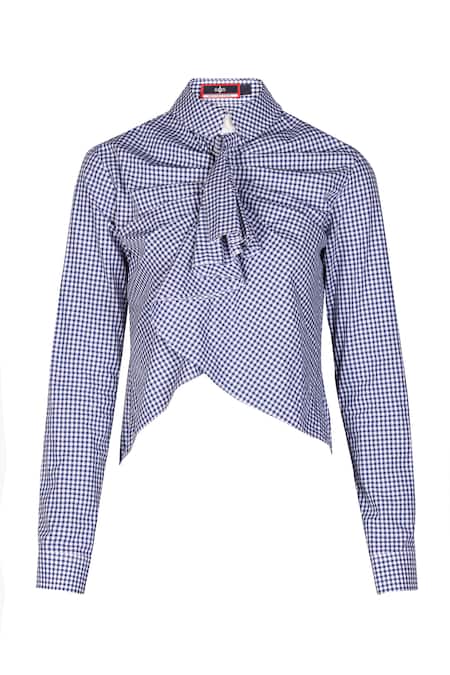 S&N By Shantnu Nikhil_Blue Cotton Ruffles Collared Gingham Pattern Draped Shirt_Online_at_Aza_Fashions