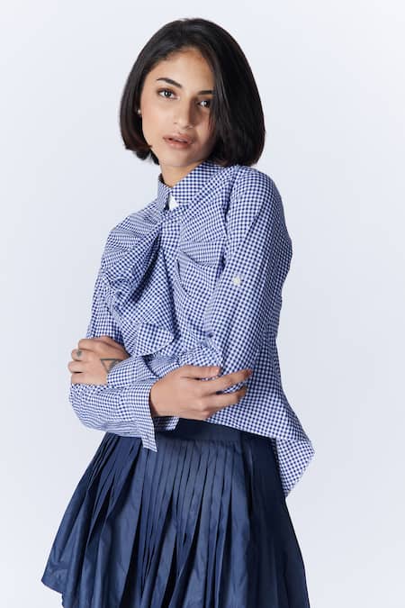 Buy S&N By Shantnu Nikhil Blue Cotton Ruffles Collared Gingham Pattern Draped Shirt Online at Aza Fashions Buy_S&N By Shantnu Nikhil_Blue Cotton Ruffles Collared Gingham Pattern Draped Shirt_Online_at_Aza_Fashions