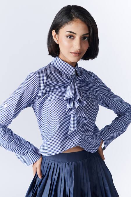 Shop S&N By Shantnu Nikhil Blue Cotton Ruffles Collared Gingham Pattern Draped Shirt Online at Aza Fashions Shop_S&N By Shantnu Nikhil_Blue Cotton Ruffles Collared Gingham Pattern Draped Shirt_Online_at_Aza_Fashions