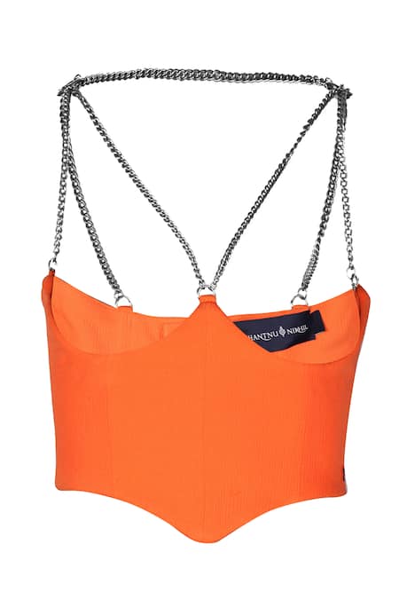 S&N By Shantnu Nikhil_Orange Denim, Crepe Embroidery V-neck Under Bust Corset Top_Online_at_Aza_Fashions