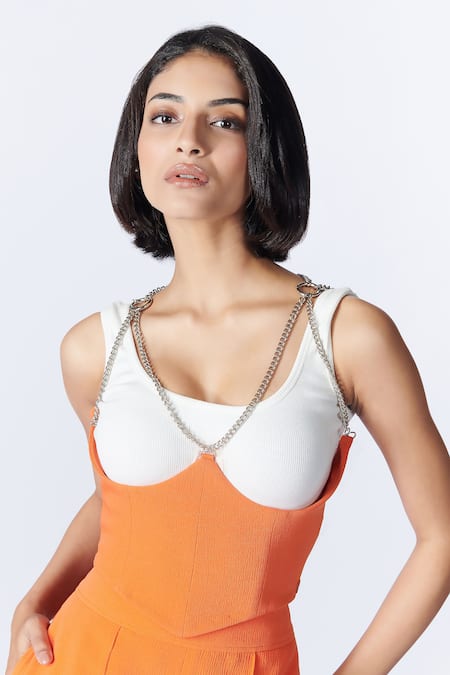 Shop_S&N By Shantnu Nikhil_Orange Denim, Crepe Embroidery V-neck Under Bust Corset Top_Online_at_Aza_Fashions