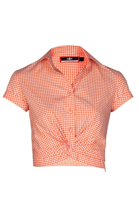 S&N By Shantnu Nikhil_Orange Cotton Collared Gingham Pattern Crop Shirt_Online_at_Aza_Fashions