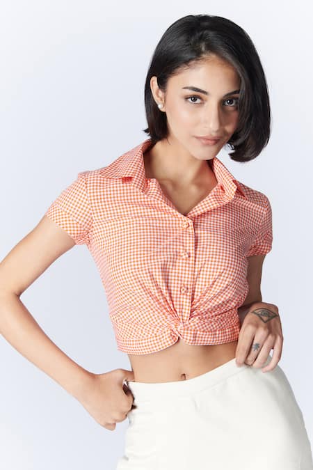 Buy_S&N By Shantnu Nikhil_Orange Cotton Collared Gingham Pattern Crop Shirt_Online_at_Aza_Fashions