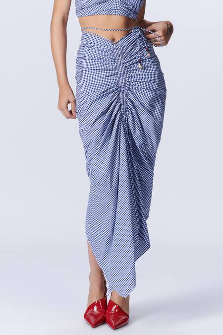 Shop_S&N By Shantnu Nikhil_Blue Cotton Gingham Pattern Draped Skirt_Online_at_Aza_Fashions